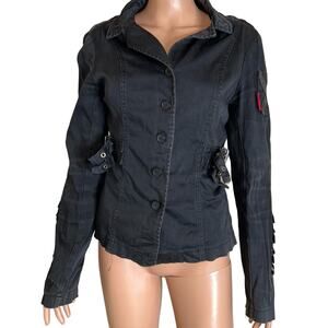 Tripp NYC black Moto Jacket Goth Biker Aviator Military Black buckle detail SZ M